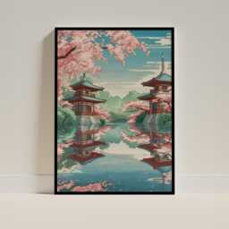 Japan Blossom Landscape Poster - Traditional Japanese House By The Lake in Studio Ghibli Style Art Print For Tranquil Home Decor - thumbnail 1