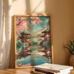 Japan Blossom Landscape Poster - Traditional Japanese House By The Lake in Studio Ghibli Style Art Print For Tranquil Home Decor - thumbnail 3