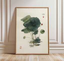 Lotus Leaf Wall Art, Minimalist Japanese Painting Poster, Zen Botanical Print For Living Room, Bedroom Or Meditation Space Decor - thumbnail 1