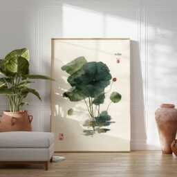 Lotus Leaf Wall Art, Minimalist Japanese Painting Poster, Zen Botanical Print For Living Room, Bedroom Or Meditation Space Decor - thumbnail 3
