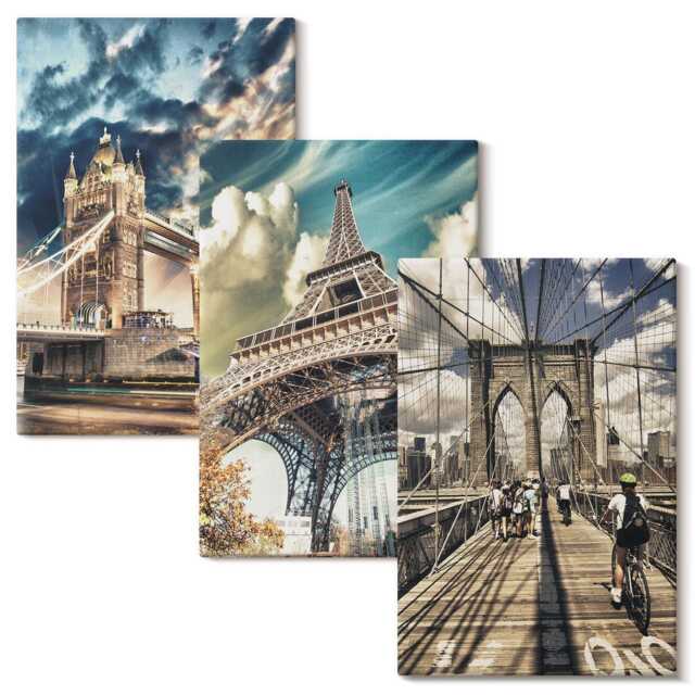 Canvas Wall Art Set Of 3 - Bridges & Towers in European Cities, Blue Large Art, Travels Decor - image 1