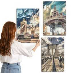 Canvas Wall Art Set Of 3 - Bridges & Towers in European Cities, Blue Large Art, Travels Decor - thumbnail 2