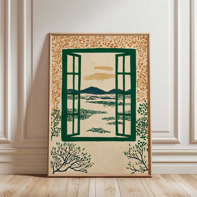 Green Window Landscape Poster - Nature Illustration Print Folk Style Wall Art - image 1