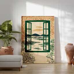 Green Window Landscape Poster - Nature Illustration Print Folk Style Wall Art - thumbnail 3