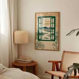 Green Window Landscape Poster - Nature Illustration Print Folk Style Wall Art - thumbnail 2