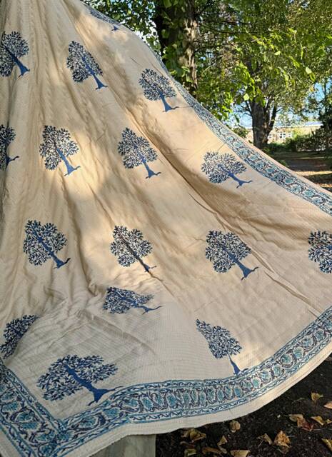 Quilted Pure Waffle Cotton Reversible Bed Throw Single Kids Size Summer Indian Quilt - Handmade Hand-Print Country Beige Blue Abundance Tree - image 1