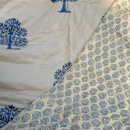 Quilted Pure Waffle Cotton Reversible Bed Throw Single Kids Size Summer Indian Quilt - Handmade Hand-Print Country Beige Blue Abundance Tree - thumbnail 4