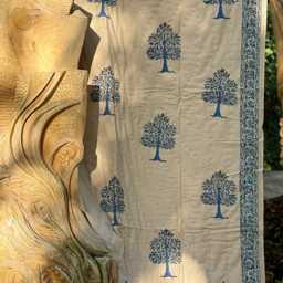 Quilted Pure Waffle Cotton Reversible Bed Throw Single Kids Size Summer Indian Quilt - Handmade Hand-Print Country Beige Blue Abundance Tree - thumbnail 2