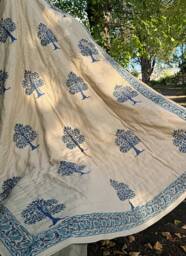 Quilted Pure Waffle Cotton Reversible Bed Throw Single Kids Size Summer Indian Quilt - Handmade Hand-Print Country Beige Blue Abundance Tree - thumbnail 1