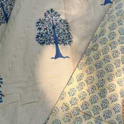 Quilted Pure Waffle Cotton Reversible Bed Throw Single Kids Size Summer Indian Quilt - Handmade Hand-Print Country Beige Blue Abundance Tree - thumbnail 3