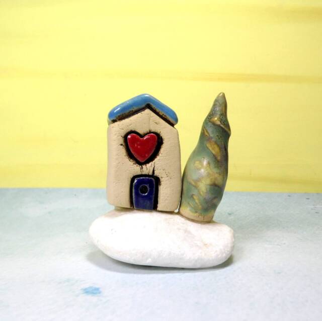 Handmade Ceramic House Sculpture, Israeli Art Miniature, Beach Stone Base - image 1