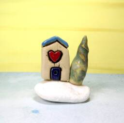 Handmade Ceramic House Sculpture, Israeli Art Miniature, Beach Stone Base