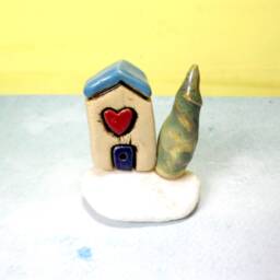 Handmade Ceramic House Sculpture, Israeli Art Miniature, Beach Stone Base - thumbnail 2