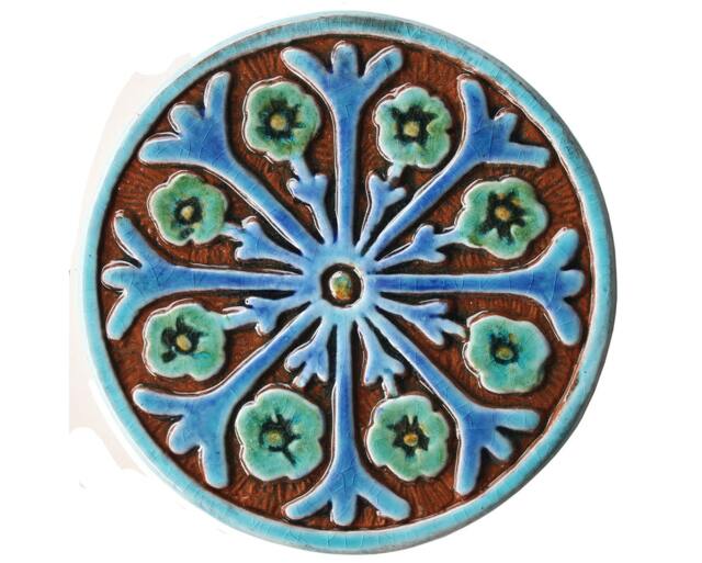 Ceramic Tile Wall Hanging Turquoise Floral Suzani Decor - 15cm - image 1