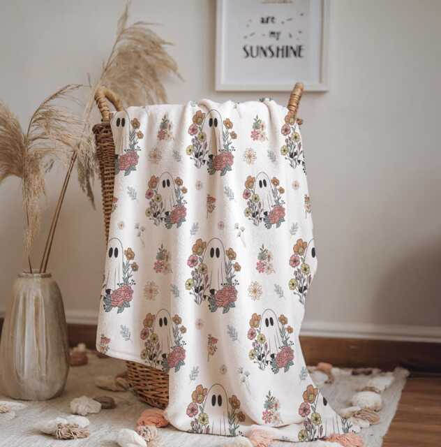 Ghosts - Floral, Sherpa Fleece Blanket, Decor, Kids Bedding, Blankets, Children's Room, Halloween With Flowers, Blanket - image 1