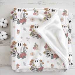 Ghosts - Floral, Sherpa Fleece Blanket, Decor, Kids Bedding, Blankets, Children's Room, Halloween With Flowers, Blanket - thumbnail 3