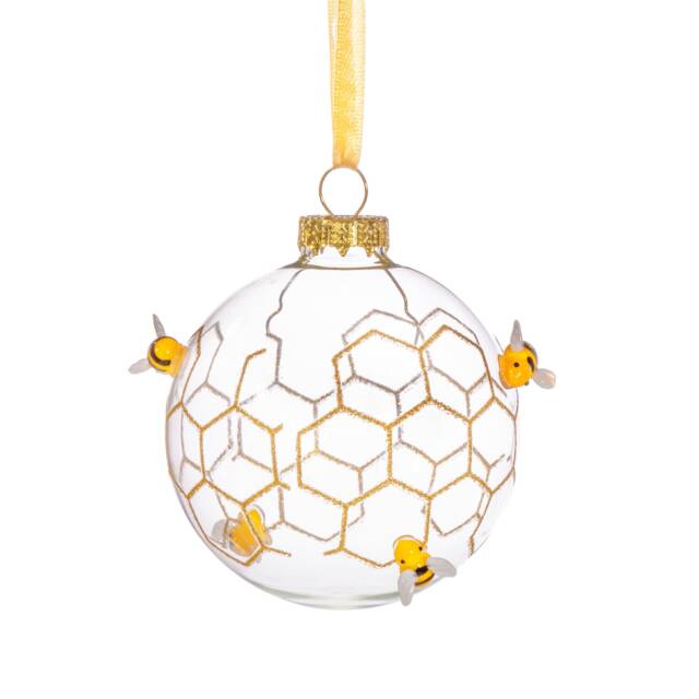 3D Bees & Honeycomb Design Glass Christmas Tree Bauble - Festive Winter Eco Insects Garden Nature Animals Honey Gift Family Friends - image 1