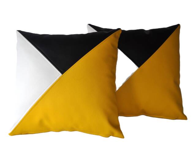 "2 Yellow Black White Tri Style Faux Leather Cushions 16"" 18"" 20" - image 1