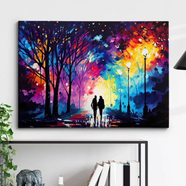 Couple Walking Starry Night Abstract Oil Painting Style Wall Art, Framed Canvas Poster Print, Home Kitchen Office Room Decor, Gifts - image 1