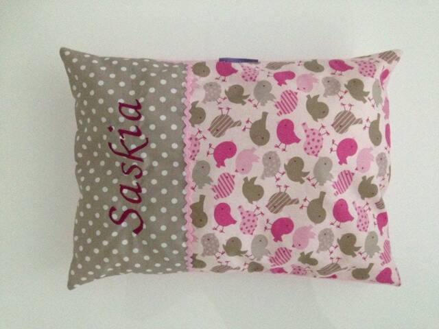 "Personalized Baby Pillow ""Birds Taupe Pink"