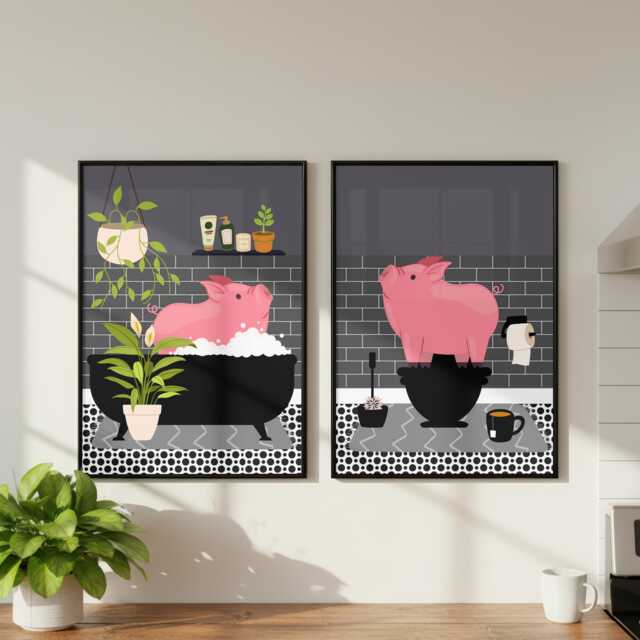 Pig Bathroom Prints, Bath & Toilet Art, Set Of Two Grey Prints - image 1