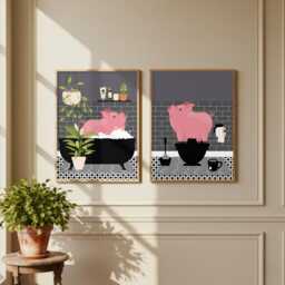 Pig Bathroom Prints, Bath & Toilet Art, Set Of Two Grey Prints - thumbnail 3