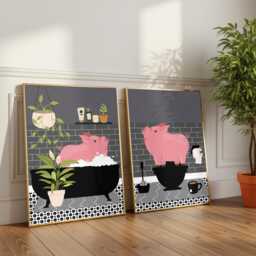 Pig Bathroom Prints, Bath & Toilet Art, Set Of Two Grey Prints - thumbnail 2