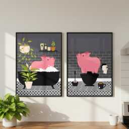 Pig Bathroom Prints, Bath & Toilet Art, Set Of Two Grey Prints - thumbnail 1