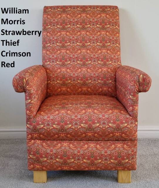 Handcrafted Adult Armchair William Morris Strawberry Thief Fabric Red Ochre Green Blue Chair Birds Small Floral Arts Crafts Statement - image 1