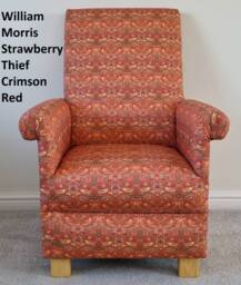 Handcrafted Adult Armchair William Morris Strawberry Thief Fabric Red Ochre Green Blue Chair Birds Small Floral Arts Crafts Statement