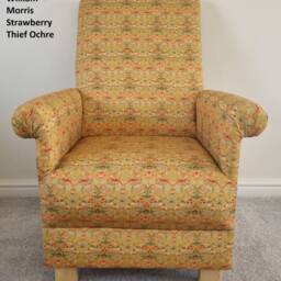 Handcrafted Adult Armchair William Morris Strawberry Thief Fabric Red Ochre Green Blue Chair Birds Small Floral Arts Crafts Statement - thumbnail 2
