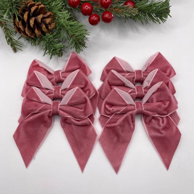 Dusky Pink Velvet Christmas Tree Bows, Pretied Dusty Hot 4 Inch Pack Of 6 - image 1