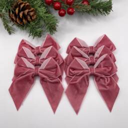 Dusky Pink Velvet Christmas Tree Bows, Pretied Dusty Hot 4 Inch Pack Of 6