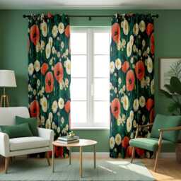 Poppy & Daisy Floral Curtains, Botanical Print Drapes, Red White Flower Pattern Custom Made Window Panels, To Measure Curtains - thumbnail 2