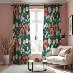 Poppy & Daisy Floral Curtains, Botanical Print Drapes, Red White Flower Pattern Custom Made Window Panels, To Measure Curtains - thumbnail 3