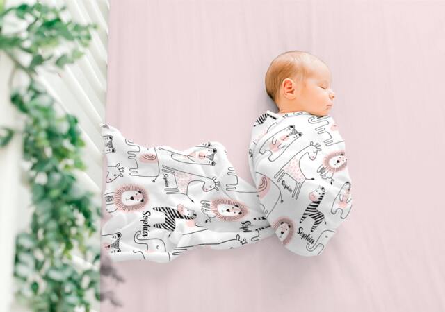 Safari Baby Blanket, Swaddle Set Girl, Modern Name Nursery Decor, Personalized - image 1