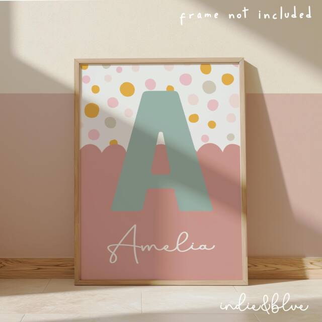 Personalised Girl Initial Print in Pink & Turquoise, Teen Bedroom Decor, Nursery Prints - image 1