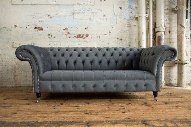 Handmade 3 Seater Graphite Grey Velvet Fabric Chesterfield Sofa, Settee, Couch - image 1
