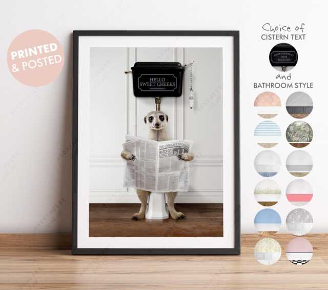 Meerkat On Toilet With Newspaper, Victorian Toilet, Funny Bathroom Print, Animal Safari Paper, Whimsy - image 1