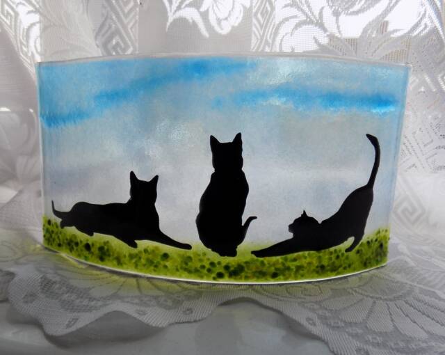 Fused Glass Cat Tea Light Shade - Freestanding Candle Holder - image 1