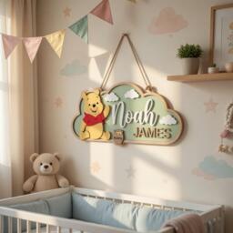 Personalized Winnie The Pooh Nursery Name Sign, 3D Wood Bear Wall Art, Custom Baby Room Decor, Gift, Wooden Plaque - thumbnail 1