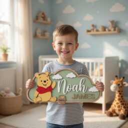 Personalized Winnie The Pooh Nursery Name Sign, 3D Wood Bear Wall Art, Custom Baby Room Decor, Gift, Wooden Plaque - thumbnail 2
