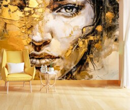 Woman Portrait Wallpaper Mural, Abstract Acrylic Synthography, Peel & Stick