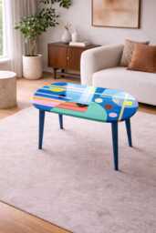 Abstract Blue Resin Coffee Table Modern Art Wooden Side Table