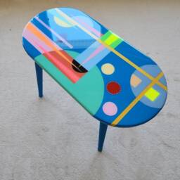 Abstract Blue Resin Coffee Table Modern Art Wooden Side Table - thumbnail 2