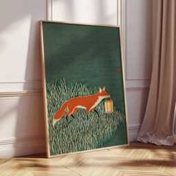 Fox Art Print, Japanese Style Animal Poster, Minimalist Nature Wall Art, Modern Woodland Illustration, Rustic Green Home Decor - thumbnail 2