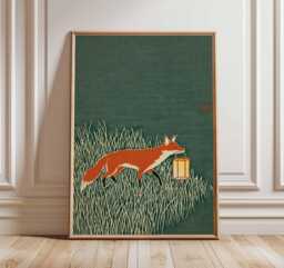 Fox Art Print, Japanese Style Animal Poster, Minimalist Nature Wall Art, Modern Woodland Illustration, Rustic Green Home Decor - thumbnail 1