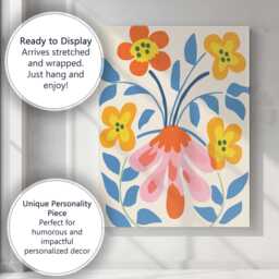 Whimsical Floral Bouquet With Blue Leaves & Pink Petals Canvas Wall Art Print Decor Picture Ready To Hang - thumbnail 3