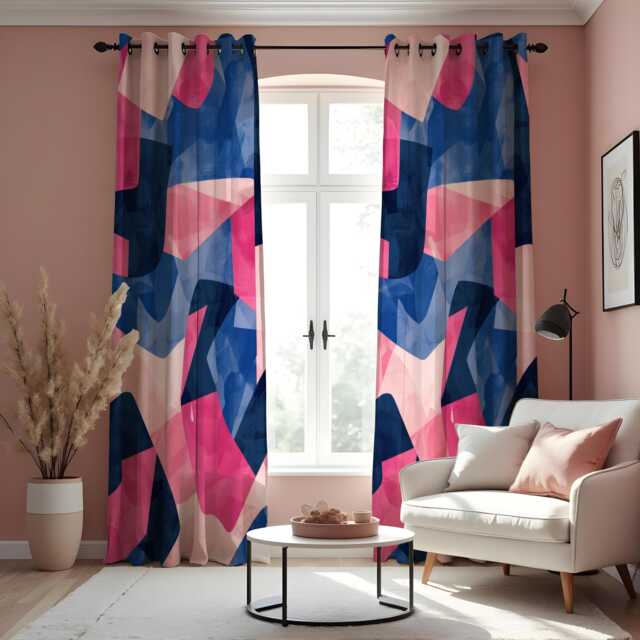 Contemporary Blue & Pink Art Curtains, Bold Abstract Pattern Drapes, Custom Made To Measure Curtain Panels - image 1