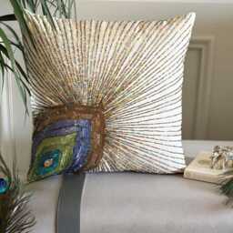 Ivory Art Silk Beaded Birds Pattern Throw Pillow Cover, 16x16 Modern Cushion Cover - Peacock Beauty